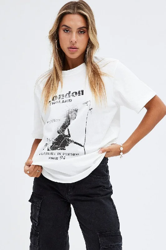 White Graphic Tee Short Sleeve Crew Neck Rock Oversized