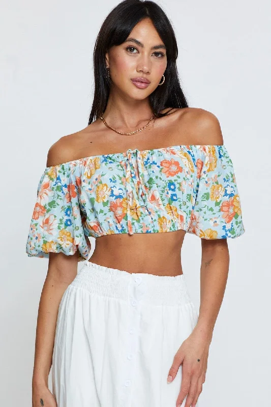 Print Top Short Sleeve Crop Off Shoulder