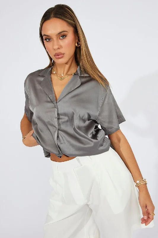 Grey Satin Shirt Short Sleeve