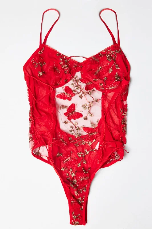 Red Embroidery Bodysuit