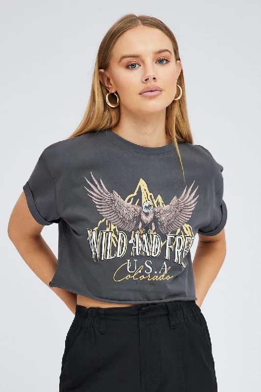 Grey Graphic Eagle Mountains Crop Oversized Tee T-shirt