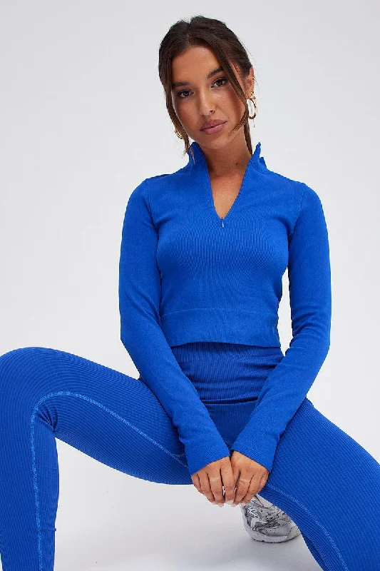 Blue Zip up Top Long sleeve Seamless