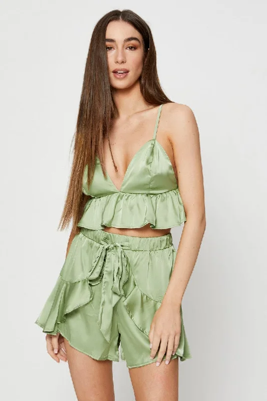 Green Bralette Pyjamas Set Satin