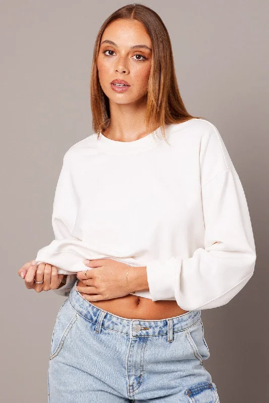 White Crop Sweater Long Sleeve Oversized