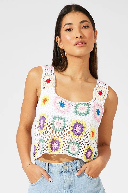 White Floral Crochet Top Crop Square Neck