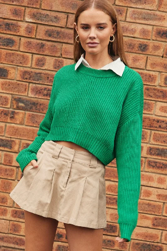 Green Knit Jumper Round Neck Long Sleeve Crop Cotton