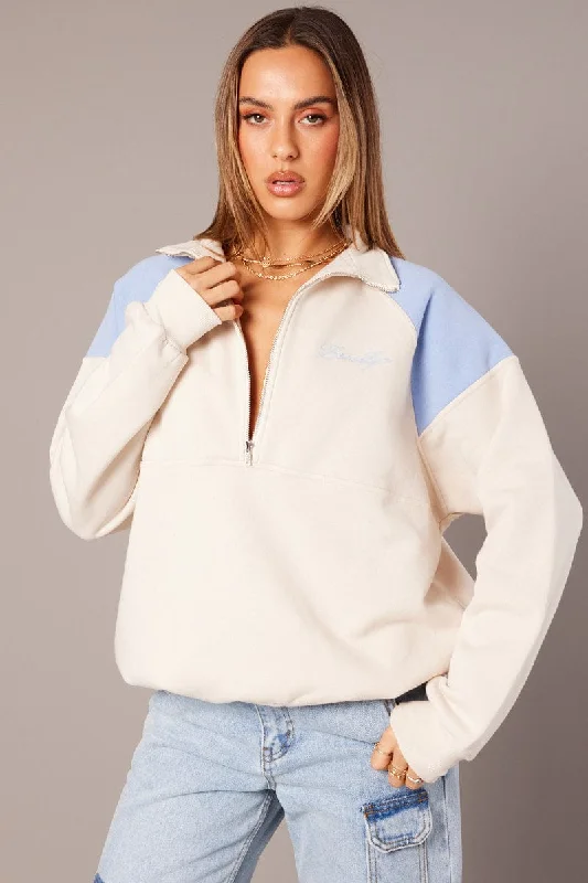 White Zip Sweater Funnel Neck Oversized