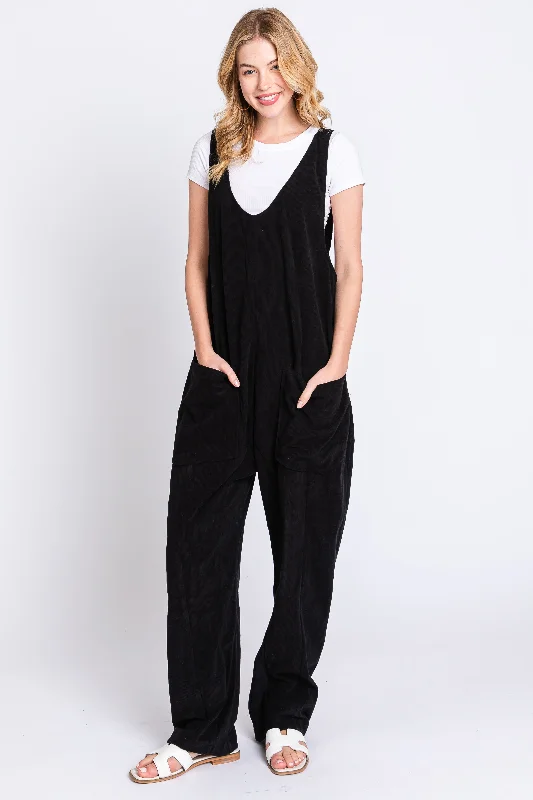 Black Corduroy Wide Leg Overalls