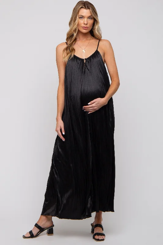 Black Pleated Wide Leg Sleeveless Maternity Jumpsuit