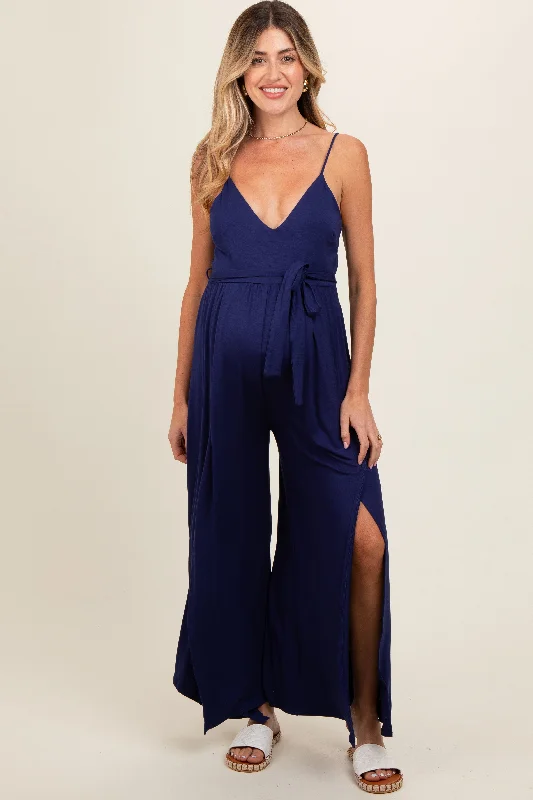 Navy Blue Sleeveless V-Neck Split Hem Maternity Jumpsuit