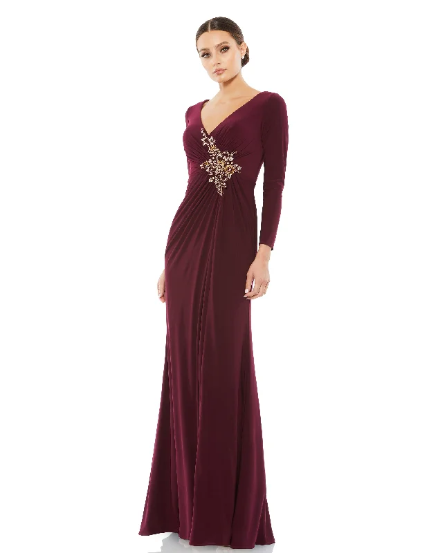 Mac Duggal 68736 Petite Faux Wrap Long Sleeve Gown w/ Applique Detail