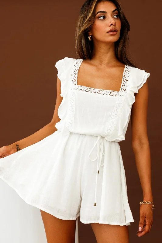 Meet Again Crochet Lace Trim Tie-Up Back Romper White