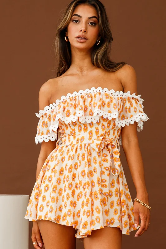 Jalisco Off-Shoulder Waist Tie Romper Floral Print White/Orange