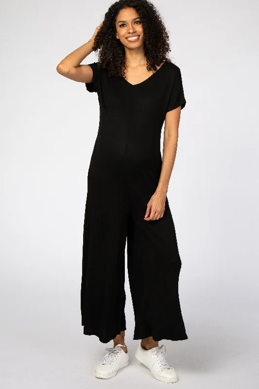 Black Short Sleeve Wide Leg Maternity Jumpsuit