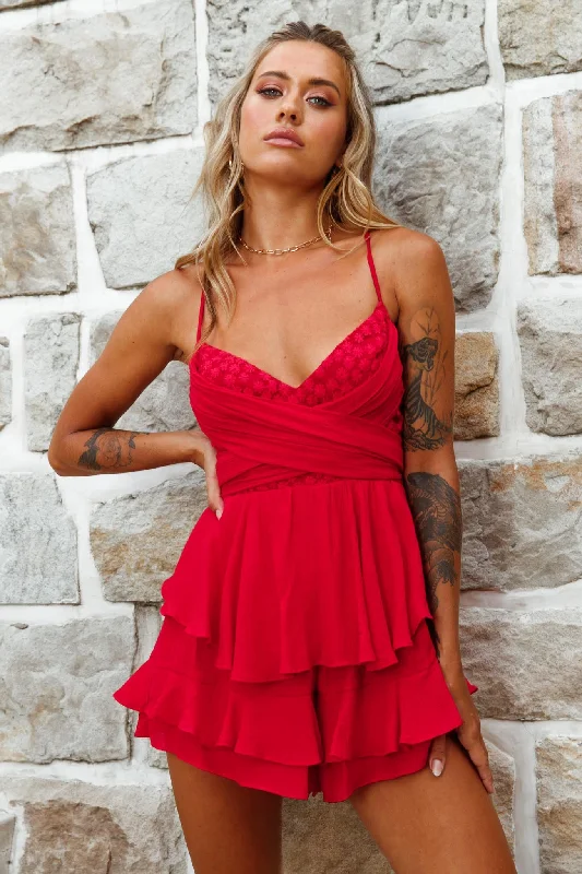 Kristina Embroidered Bodice Flounce Romper Red