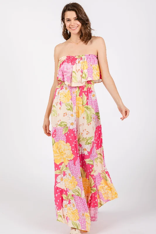 Multi-Color Floral Strapless Ruffle Wide Leg Jumpsuit