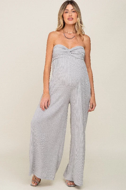 Grey Strapless Front Twist Maternity Jumpsuit