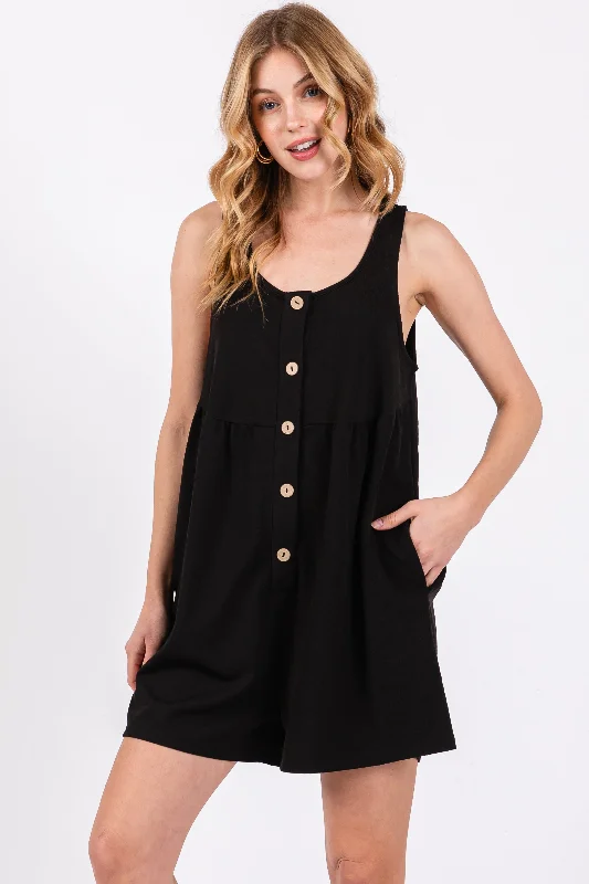 Black Button Front Sleeveless Romper