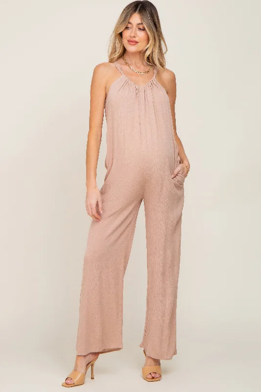 Taupe Halter Neck Maternity Jumpsuit