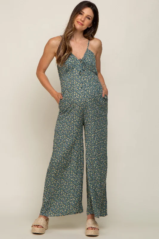 Olive Floral V-Neck Front Tie Sleeveless Maternity Jumpsuit