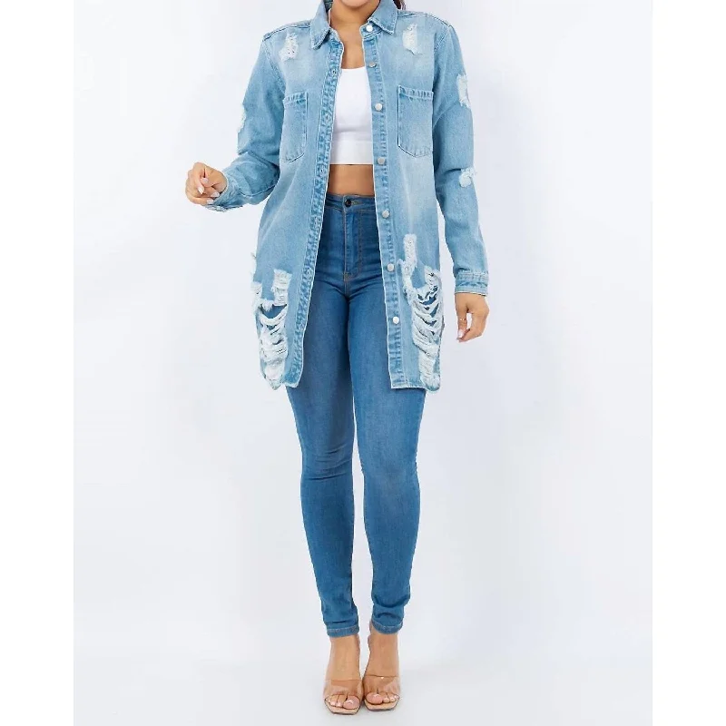 American Bazi - Distressed Button Up Long Sleeve Denim Jacket