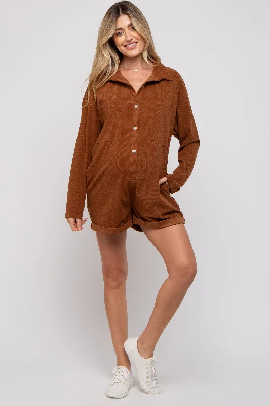 Camel Corduroy Button Up Front Pocket Maternity Romper