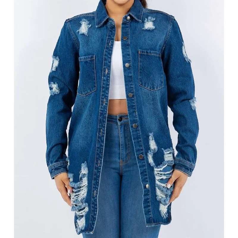 American Bazi - Distressed Button Up Long Sleeve Denim Jacket