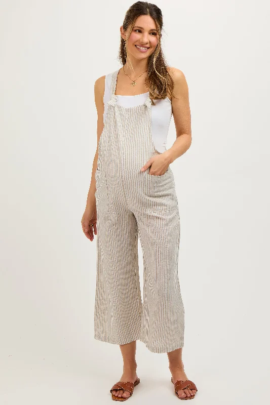 Taupe Striped Linen Maternity Overalls