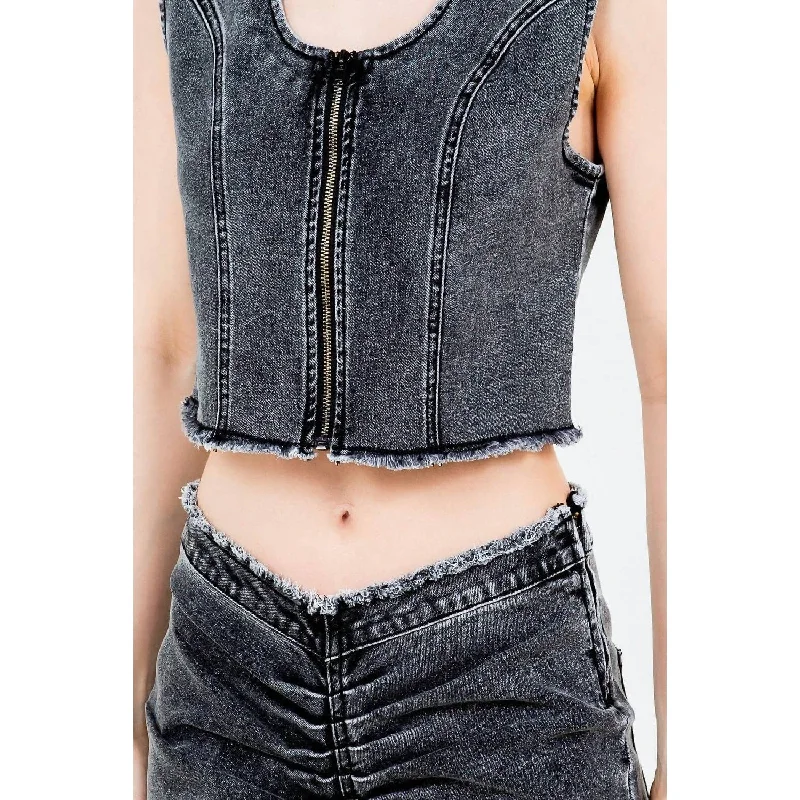 American Bazi - Trendy Cropped Denim Vest With Raw Hem