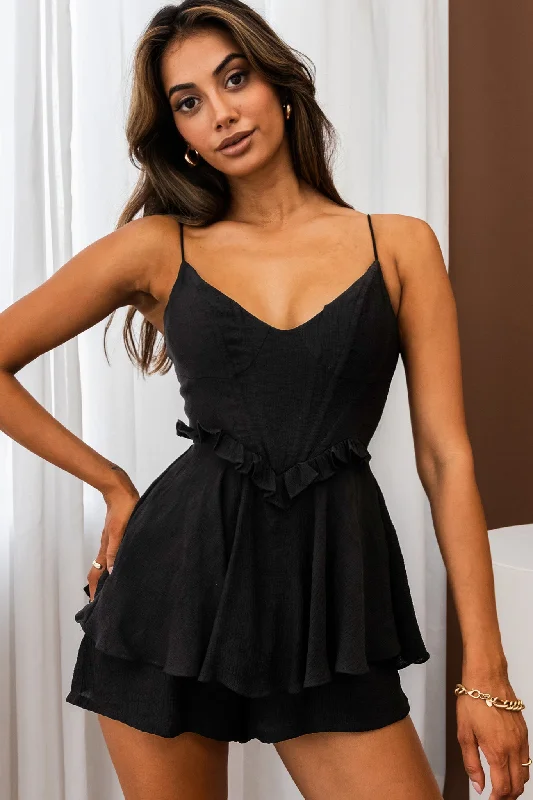 Love Language Boned Bodice Frill Waist Romper Black