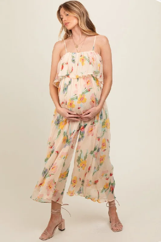 Peach Floral Ruffle Overlay Wide Leg Maternity Jumpsuit