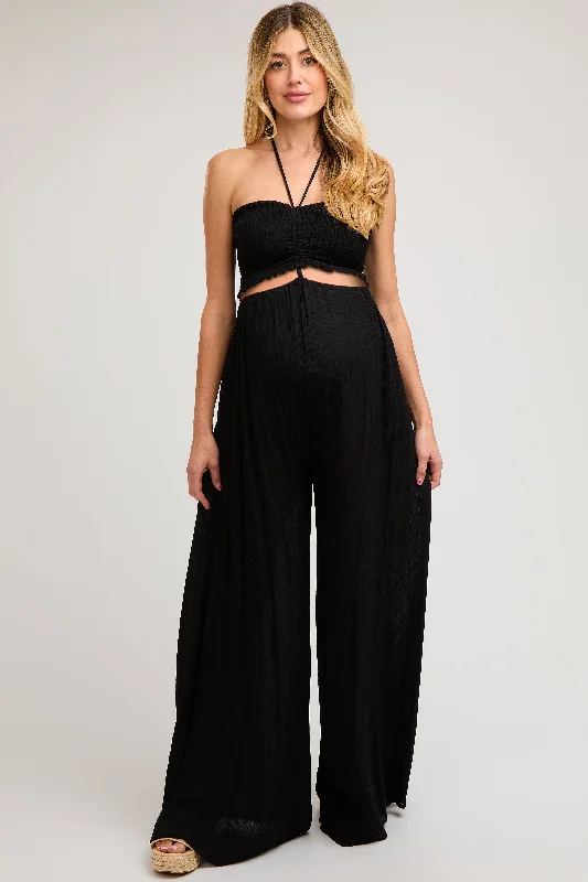 Black Smocked Drawstring Halter Side Cutout Maternity Jumpsuit