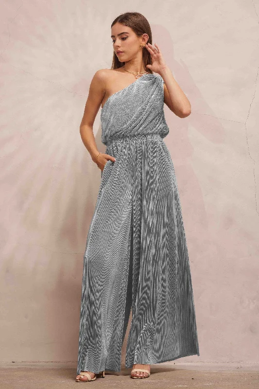 Stone Blue Asymmetric Pleated Jumpsuit