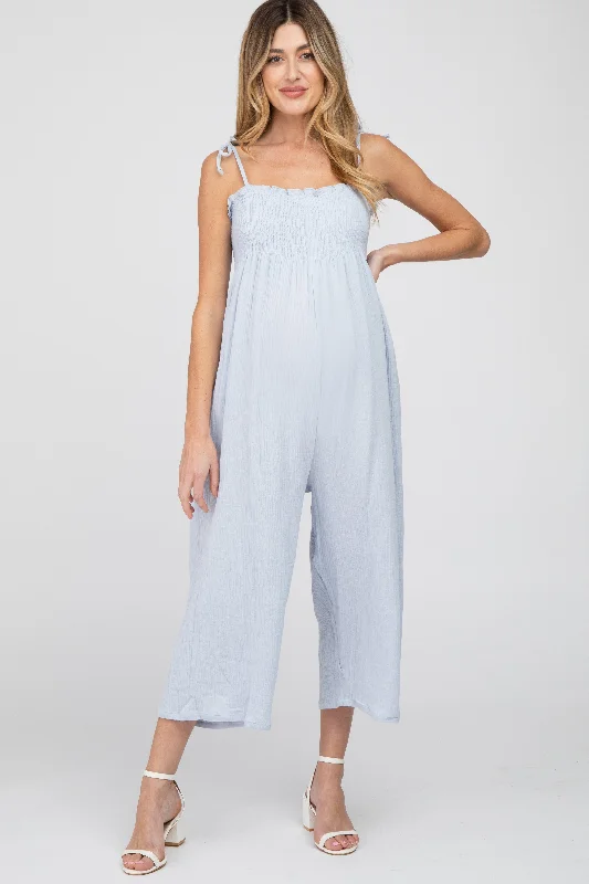 Light Blue Gauze Smocked Tie Strap Maternity Jumpsuit