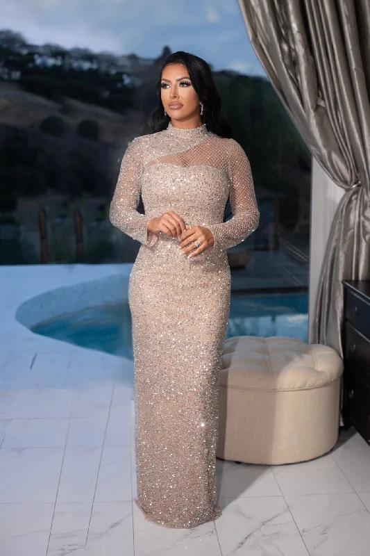 Maleka Long Sleeve Mock Neck Sequin Beaded Dress