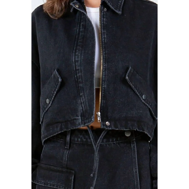 American Bazi - Cropped Denim Jacket With Drawstring Waist