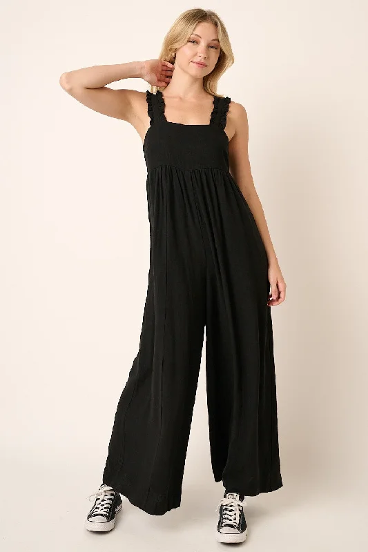 Black Ruffle Trim Back Tie Jumpsuit