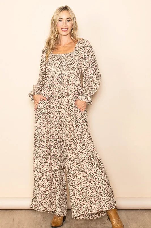 Beige Floral Smocked Wide Leg Jumpsuit