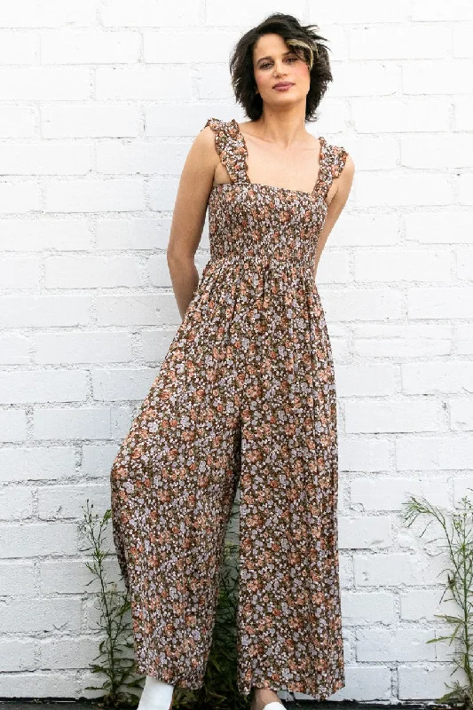 Mocha Sleeveless Floral Smocked Ruffle Jumpsuit