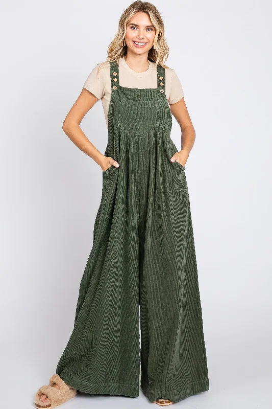 Olive Corduroy Front Pleated Wide Leg Overalls