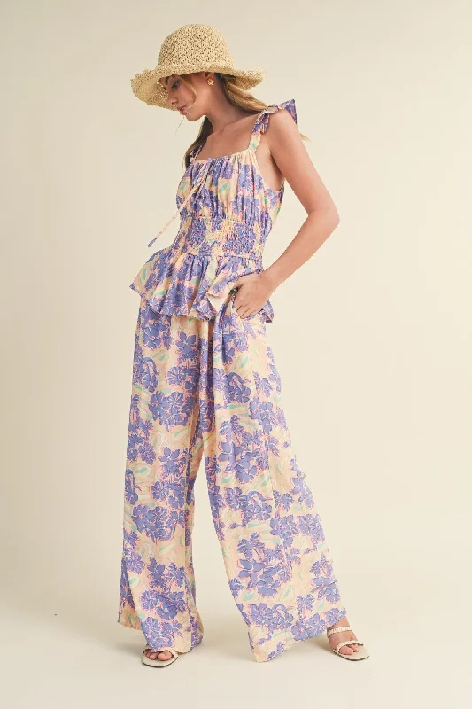 Lavender Floral Smocked Bodice Wide Leg Jumpsuit