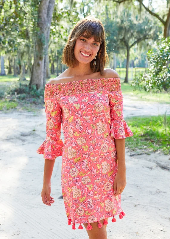 Coral Metallic Off the Shoulder Dress