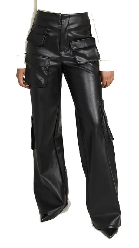 Layla Women's Real Leather Wide Leg Pants Black